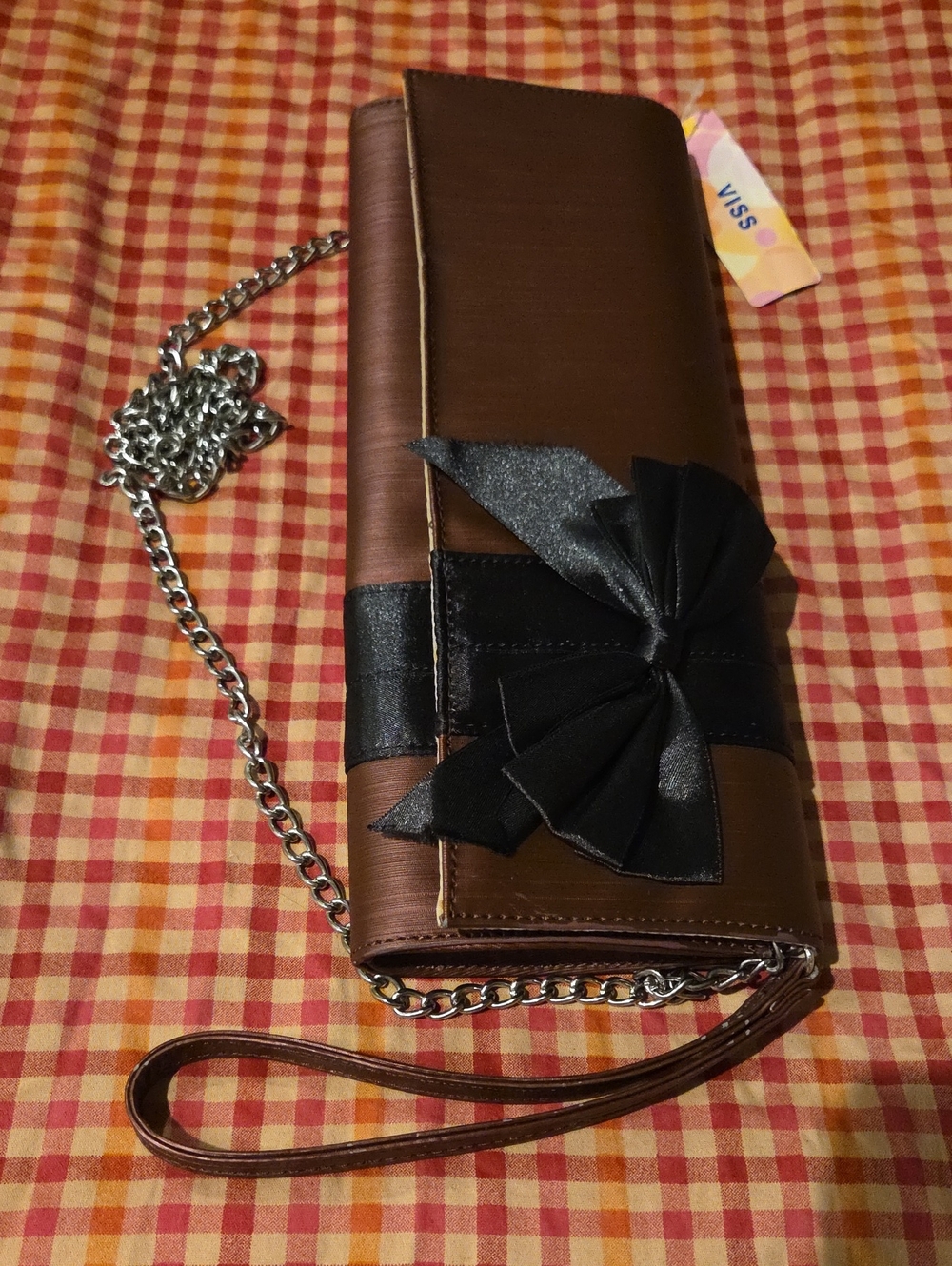 Brown Satin Clutch Wristlet with Black Bow Accent